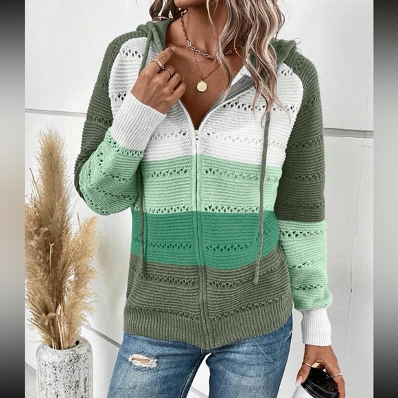 Boho color block zip up drawstring hooded knit sweater - Picture 4 of 5